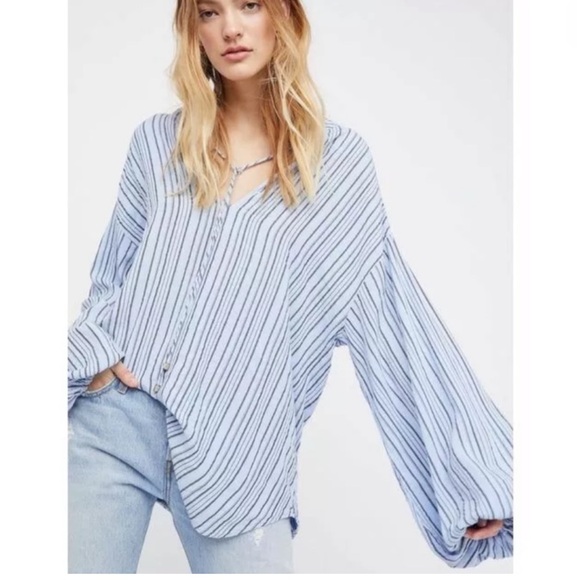 Free People Tops - Free People Rhythm of the Night Blue and Black Striped Oversized Tunic Top